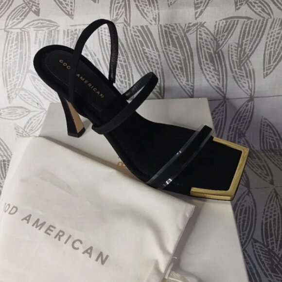 Good American The Standout Square Toe Sandal Black Suede 10 NEW NIB - Picture 6 of 11